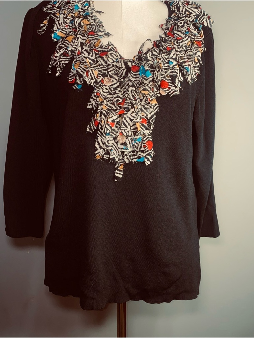 Ruby Rd. Black Tunic with Multicolor Fringe V-Neck Size 1X